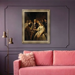 «Неравный брак, 1862» в интерьере гостиной с розовым диваном