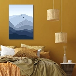 «Aesthetic minimalist blue mountains with flying birds landscape» в интерьере спальни  в этническом стиле в желтых тонах