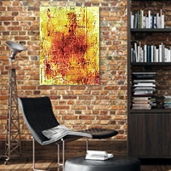 «Абстрактная желто-красная гранж-текстура» в интерьере кабинета в стиле лофт с кирпичными стенами