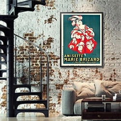 «Anisette Marie Brizard» в интерьере двухярусной гостиной в стиле лофт с кирпичной стеной