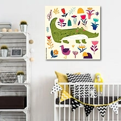 «Милый крокодил среди цветов и птиц» в интерьере детской комнаты для мальчика с желтыми деталями