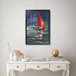 «Red sail boat Salcombe - gouache - 2008» в интерьере в классическом стиле над столом
