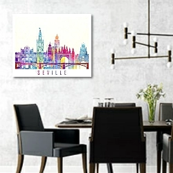 «Севилья: Акварельные горизонты города мечты» в интерьере современной столовой с черными креслами