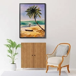 «Пара влюблённых на пляже» в интерьере гостиной в оливковых тонах