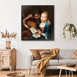 «Two Children Making Music» в интерьере гостиной в стиле ретро над диваном