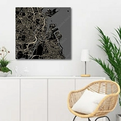 «План города Копенгаген, Дания, в черном цвете» в интерьере гостиной в скандинавском стиле над комодом