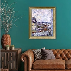 «Вид Парижа из комнаты Винсента 2» в интерьере гостиной с зеленой стеной над диваном