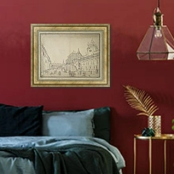 «Вид церви за Залотою решеткой и Теремного дворца» в интерьере спальни с акцентной стеной
