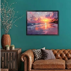 «Beach in pink haze» в интерьере гостиной с зеленой стеной над диваном