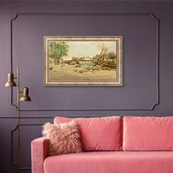 «The Port St.Nicolas in Paris» в интерьере гостиной с розовым диваном