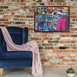 «Граффити: Джон Ленон 2» в интерьере в стиле лофт с кирпичной стеной и синим креслом