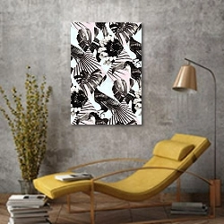 «Тропические птицы и растения » в интерьере в стиле лофт с желтым креслом