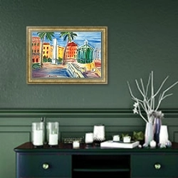 «Площадь Йера, Обелиск и эстрада с музыкой» в интерьере прихожей в зеленых тонах над комодом