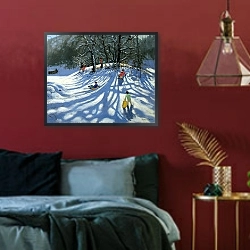 «Fun in the snow, Morzine, France» в интерьере спальни с акцентной стеной