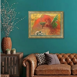 «Pegasus Triumphant» в интерьере гостиной с зеленой стеной над диваном