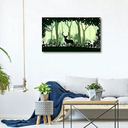 «Олень в зеленом лесу» в интерьере гостиной в скандинавском стиле над диваном