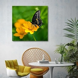 «Бабочка Black Swallowtail butterfly» в интерьере современной гостиной с желтым креслом