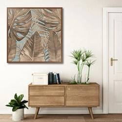 «Черные, коричневые и белые листья банана на светло-сером фоне» в интерьере современной прихожей над тумбой