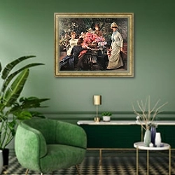 «Весенние цветы» в интерьере гостиной в зеленых тонах