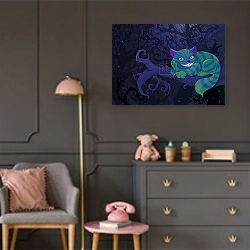 «Чеширский кот» в интерьере детской комнаты для девочки в серых тонах