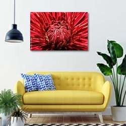 «Красивый красный цветок с каплями росы, макро» в интерьере современной гостиной с желтым диваном