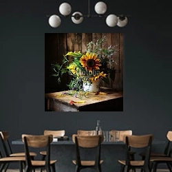 «Натюрморт с букетом подсолнухов №4» в интерьере столовой с черными стенами