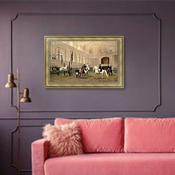 «Morning Exercise in the Hofreitschule, Josephsplatz, 1890» в интерьере гостиной с розовым диваном