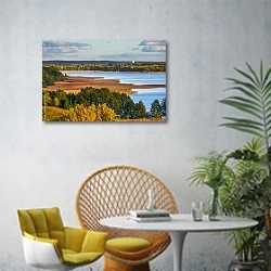 «Беларусь. Вечер в парке Браславские озёра » в интерьере современной гостиной с желтым креслом