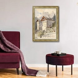 «Alte Häuser in Hallstadt» в интерьере гостиной в бордовых тонах