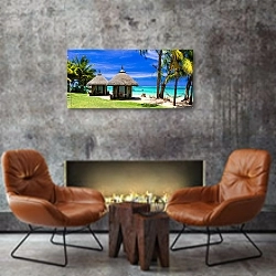 «Тропические праздники с бунгало и гамаком на белом пляже» в интерьере современной гостиной в стиле лофт над камином