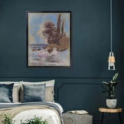 «Зимняя река» в интерьере классической спальни с темными стенами