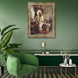 «Боярышня у окна» в интерьере гостиной в зеленых тонах