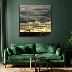 «Cloud burst, 2012,» в интерьере зеленой гостиной над диваном