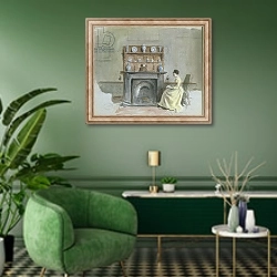«Lady Seated by Fireplace» в интерьере гостиной в зеленых тонах