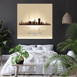 «Силуэты Сан-Франциско: Город на горизонте Калифорнии» в интерьере современной спальни с черными стенами