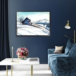 «Зимний пейзаж с небольшим домом в горах, акварель» в интерьере в классическом стиле в синих тонах