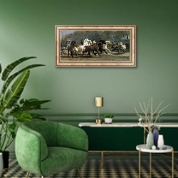 «Study for the Horsemarket, 1900» в интерьере гостиной в зеленых тонах