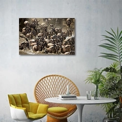 «Большая миграция. Антилопы гну, переходящие реку Мара, Танзания» в интерьере современной гостиной с желтым креслом