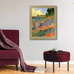 «Breton Eve or, Melancholy, c.1890» в интерьере гостиной в бордовых тонах