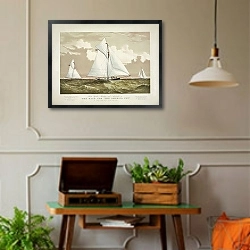 «Sloop yachts Mischief and Atalanta in the race for ‘The America Cup’» в интерьере комнаты в стиле ретро с проигрывателем виниловых пластинок