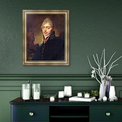 «Портрет князя Александра Николаевича Хованского» в интерьере прихожей в зеленых тонах над комодом
