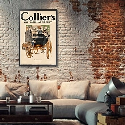 «Collier's, the national weekly. Good-by, summer.» в интерьере гостиной в стиле лофт с кирпичной стеной