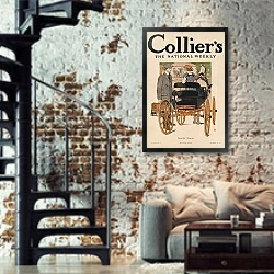 «Collier's, национальный еженедельник. Прощай, саммер.» в интерьере двухярусной гостиной в стиле лофт с кирпичной стеной