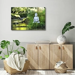 «Статуэтка будды на берегу ручья» в интерьере современной комнаты над комодом