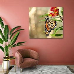 «Бабочка монарх на цветке молочая в осеннем саду» в интерьере современной гостиной в розовых тонах