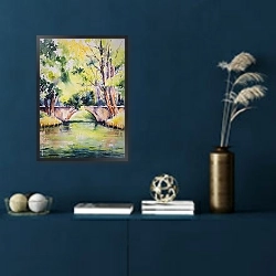 «Пейзаж с мостом через пруд и деревьями» в интерьере в классическом стиле над банкеткой