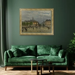 «Вид на Париж» в интерьере зеленой гостиной над диваном