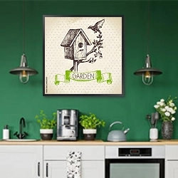 «Иллюстрация со скворечником» в интерьере кухни с зелеными стенами