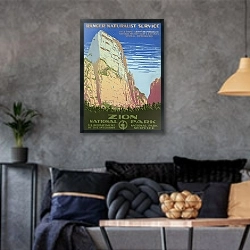 «Национальный парк Зайон, служба рейнджеров-натуралистов» в интерьере гостиной в стиле лофт в серых тонах