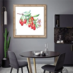 «Ветка годжи с красными ягодами, цветами и листьями» в интерьере современной кухни в серых цветах